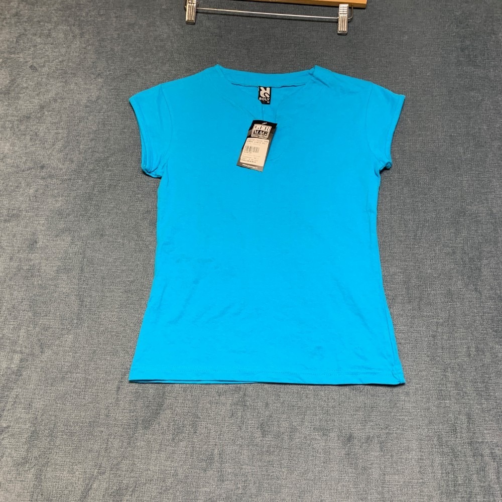 Roly Bumac T Shirt Womens Medium Turquoise Blue Cap Sleeve Summer Wear V-Neck